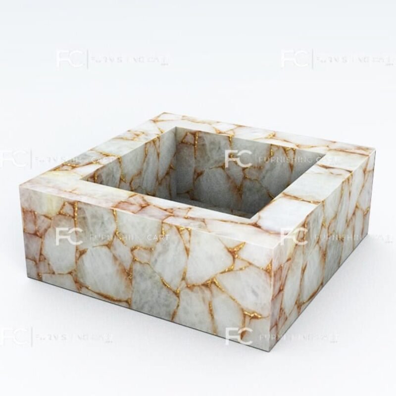 White Quartz Golden Sparkle Square Wash Basin Vessel SInk LWB-146