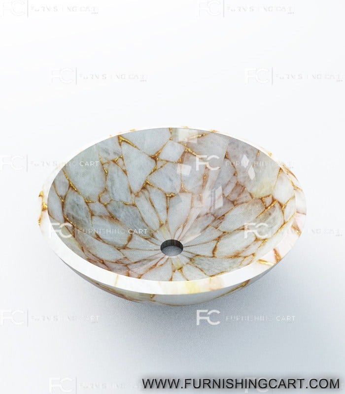 White Quartz Golden Sparkle Round Wash Basin Vessel Sink LWB145